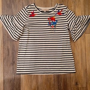 LOFT- Embroidered Black and White Sweater Top, Short Sleeves - Medium